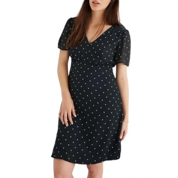 Madewell green and white dot smocked shoulder v neck dress smoky spruce, size 0 - Picture 10 of 10